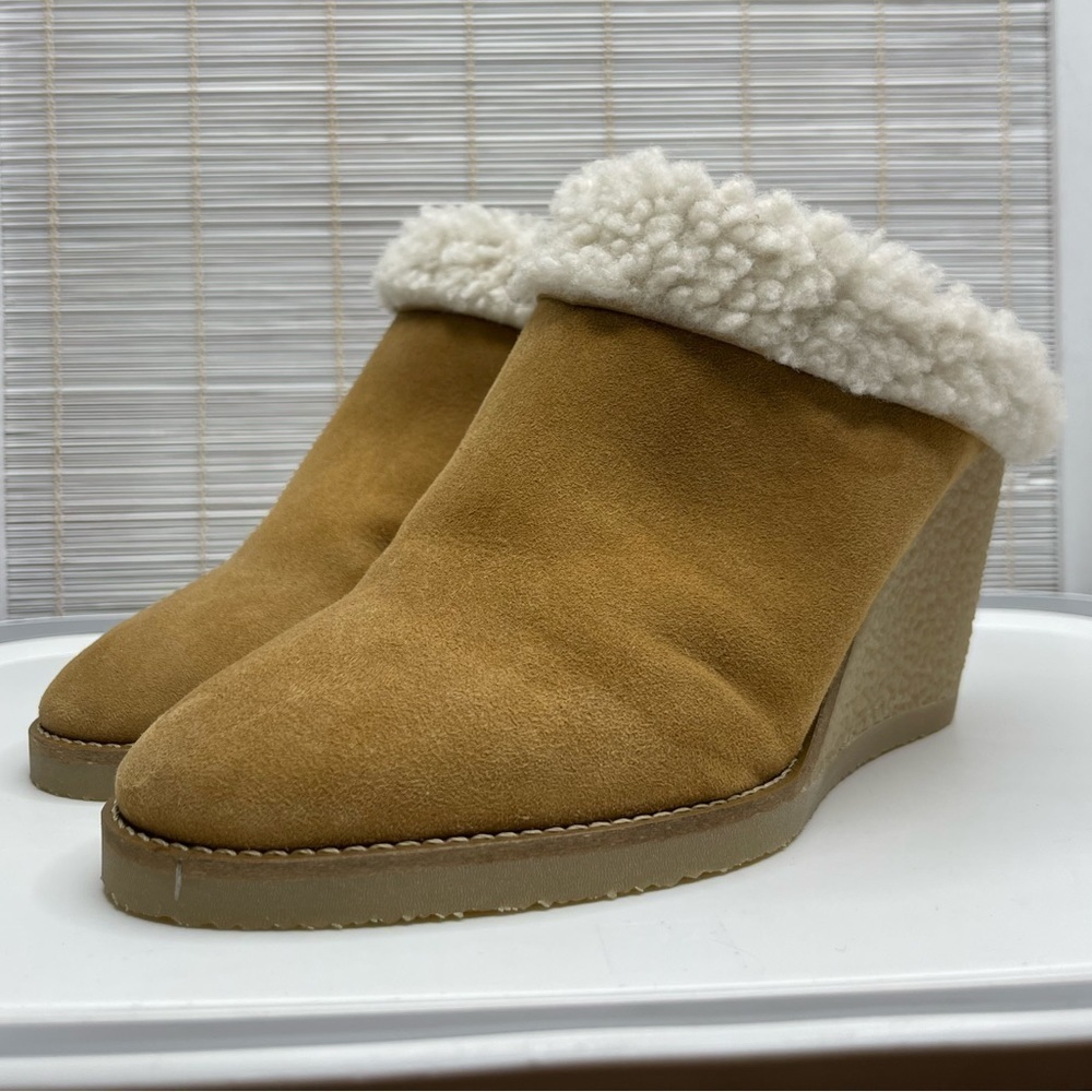 Isabel Marant Takita Tan Suede Shearling Lined Wedge Booties Slip On Size 8
